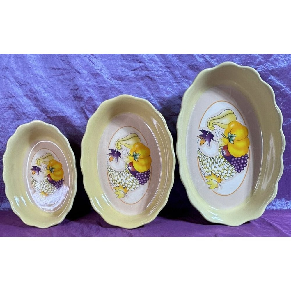 Spinnaker "Autumn" Nesting Bowls/casserole Dishes Yellow W/Thanksgiving Motif